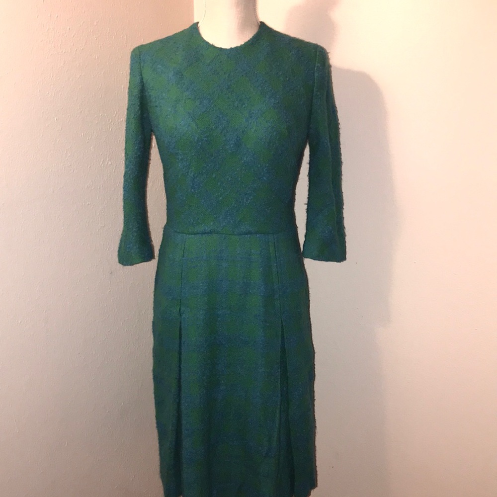 1960s Green and Blue Vintage Wool Career Dress sz Small